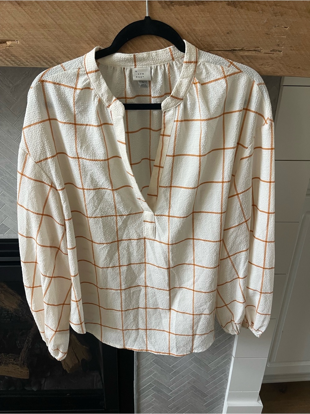 a new day Cream Blouse with Orange Windowpane Check